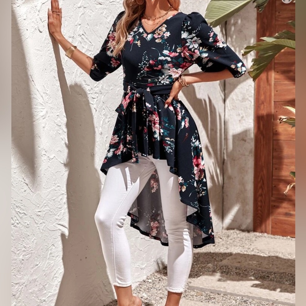 Floral Print Lantern Sleeve High Low Belted Tee